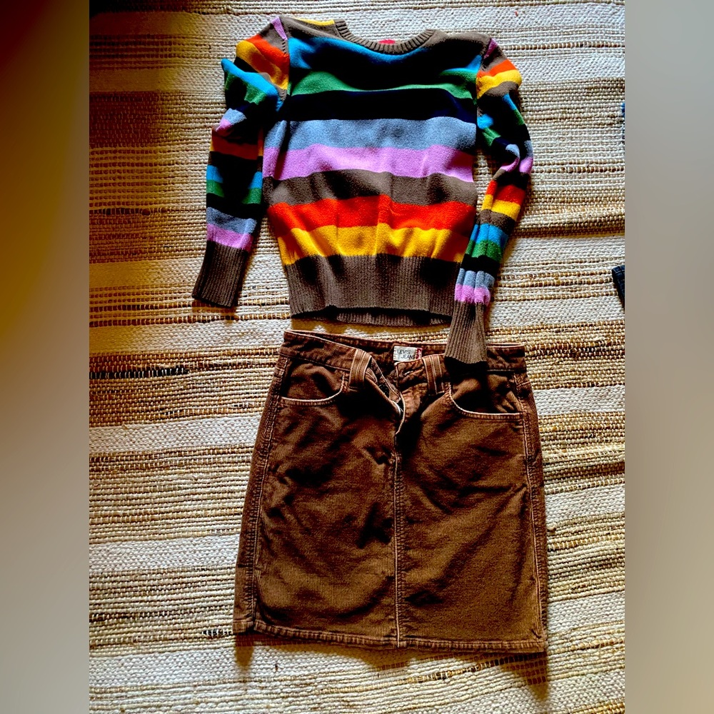 Levi’s outfit sweater and corduroy skirt.